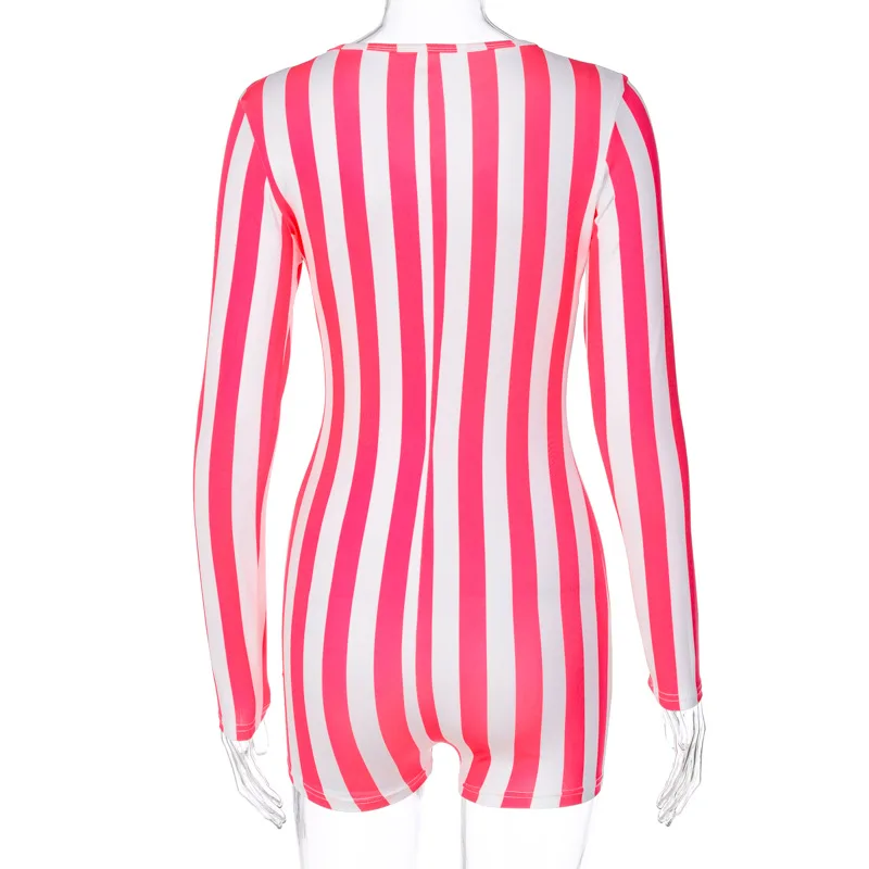 

ZKYZWX Sexy Striped Rompers Womens Jumpsuit Biker Shorts Fitness Tracksuit One Piece Club Outfits Long Sleeve Bodycon Playsuit