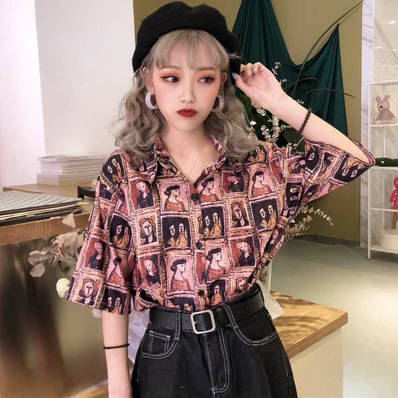 

Женская винтажная блуза с коротким рукавом, отложным воротником и мультяшным принтом