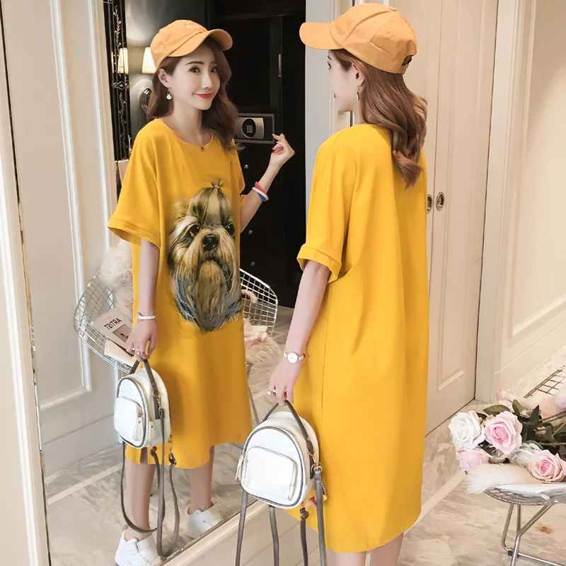

#2359 Yellow Dresses Ladies Summer Cartoon Printed T Shirt Dress Woman Casual Loose Cotton Tshirt Dresses Women Girl Side Split