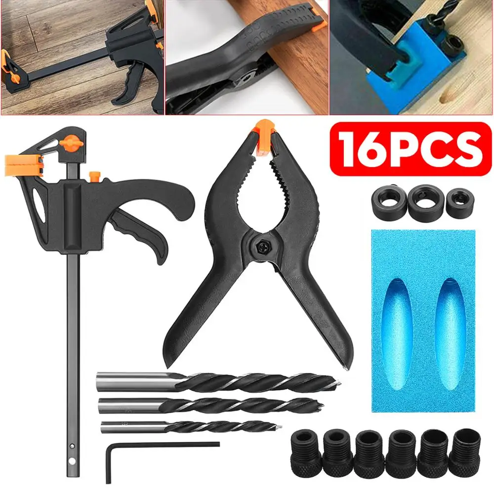 

New 16pcs/set 6/8/10mm 15 Degree Angle Oblique Hole Locator Drill Guide Set Woodworking Pocket Hole Jig Kit Woodworking Tools