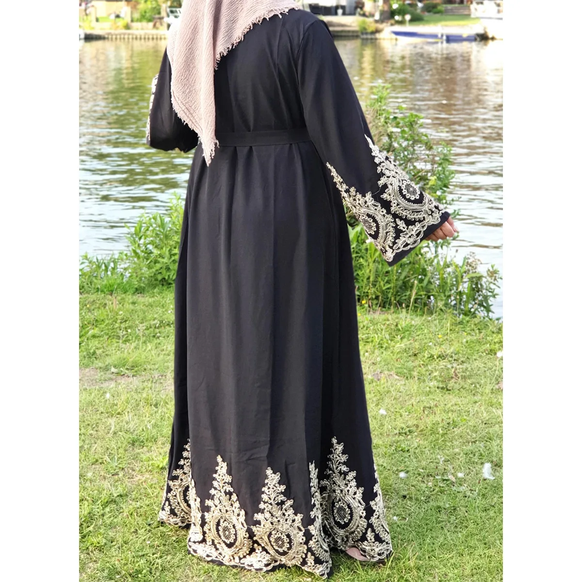 

European And American Gold Lace Stitching Fashion Ramadan Cardigan Robe Dubai Abaya