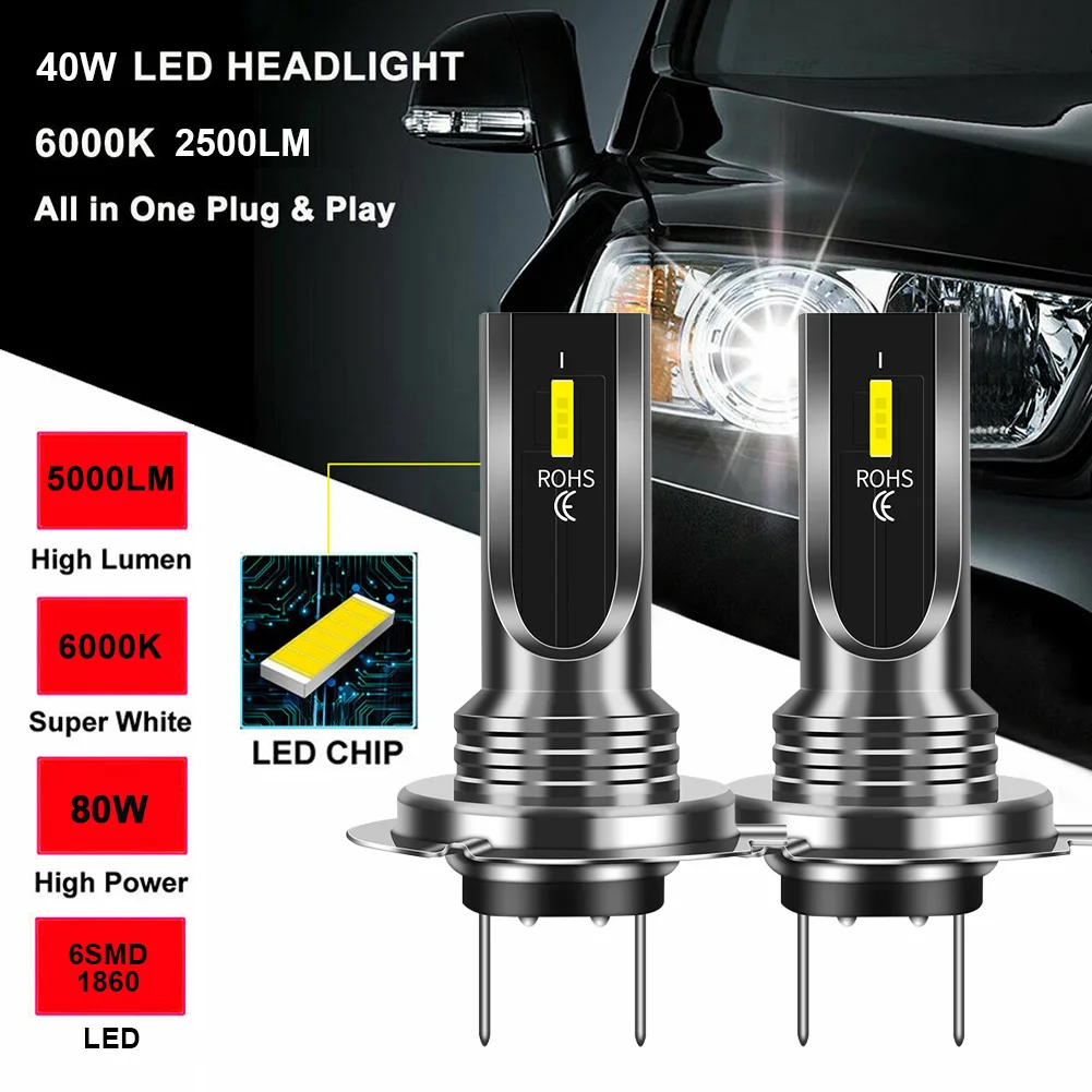 Lampadina faro H7 LED 80W 1860 CSP 5000LM/Set fendinebbia di ricambio bianco Super luminoso 6000K
