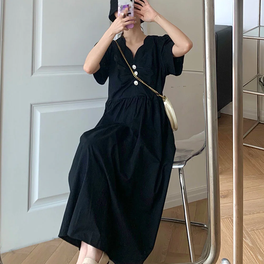 

2021 Casual Japan Style Fashion Summer Women's Dress Loose Oversize Simple Popular Pearl Buttons V-neck Puff Sleeve Solid Color