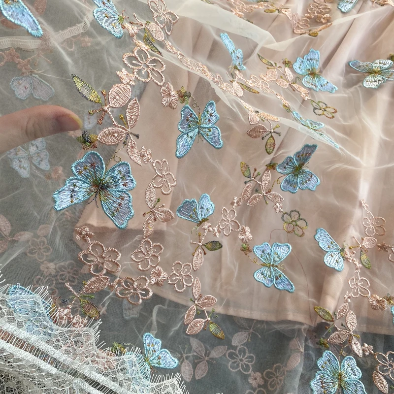 

2021 New Fashion Women Gauze Embroidered Butterfly Round Neck Short Sleeve High Waist Slim A-line Dress Elegant Vestidos