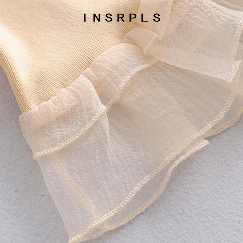 

INSRPLS Women Sweet Fashion Patchwork Organza Cropped Knitted Blouses Vintage With Peter Pan Collar Female Shirt Chic Tops