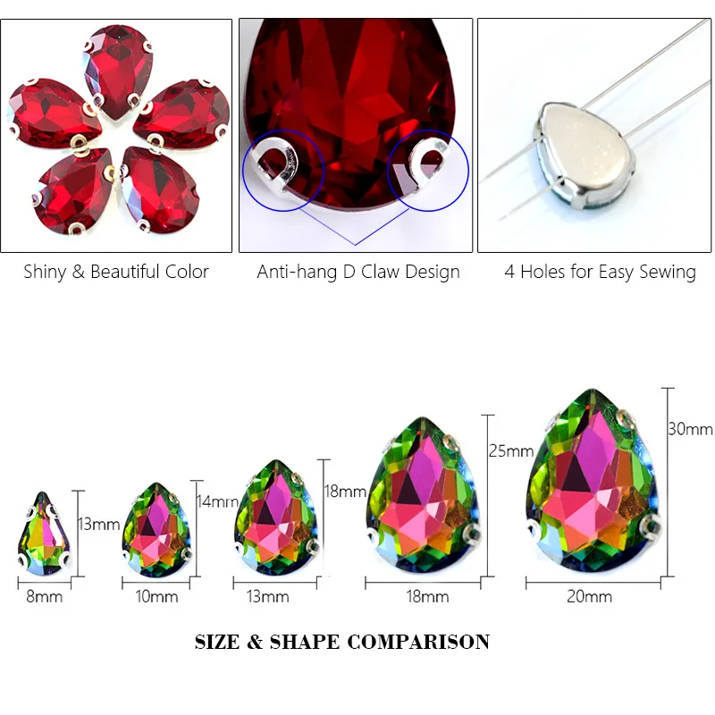 Стразы со стеклянными стеклами в форме слезы разных цветов стразы с D образными