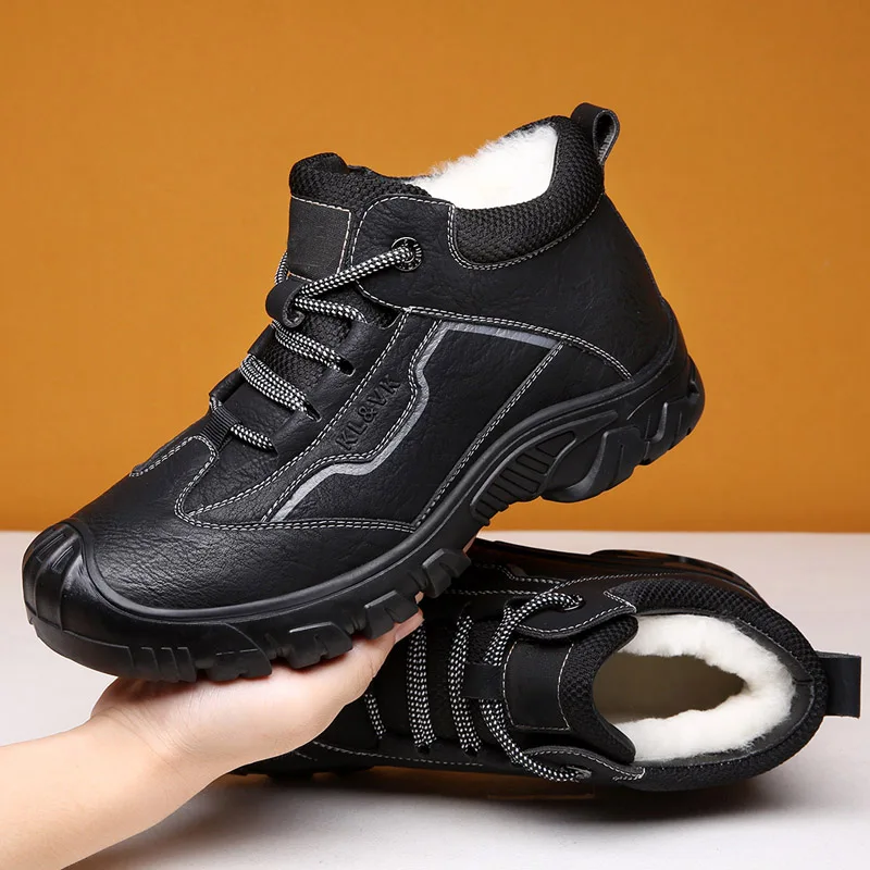 

Fashion Natural Leather Boots Men Warm Plush Fur Autumn Winter Shoes Men Comfy Platform Outdoor Ankle Tactical Shoes Snow Boots