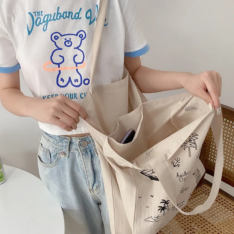 

Cotton Linen Women Canvas Shopping Bags Eco Friendly Shoulder Bag Large Capacity Vintage Handbag Tote Butterfly Sailing Print