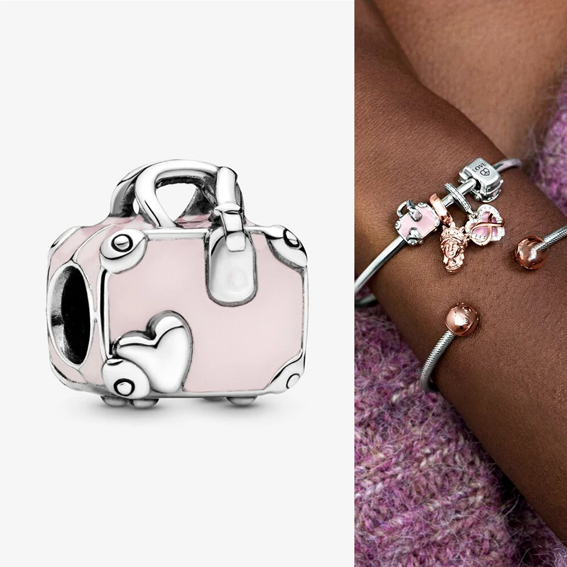 

925 Sterling Silver Bead Bright Pink Travel Bag Beads Fit Pandor Women Bracelet & Necklace Diy Jewelry