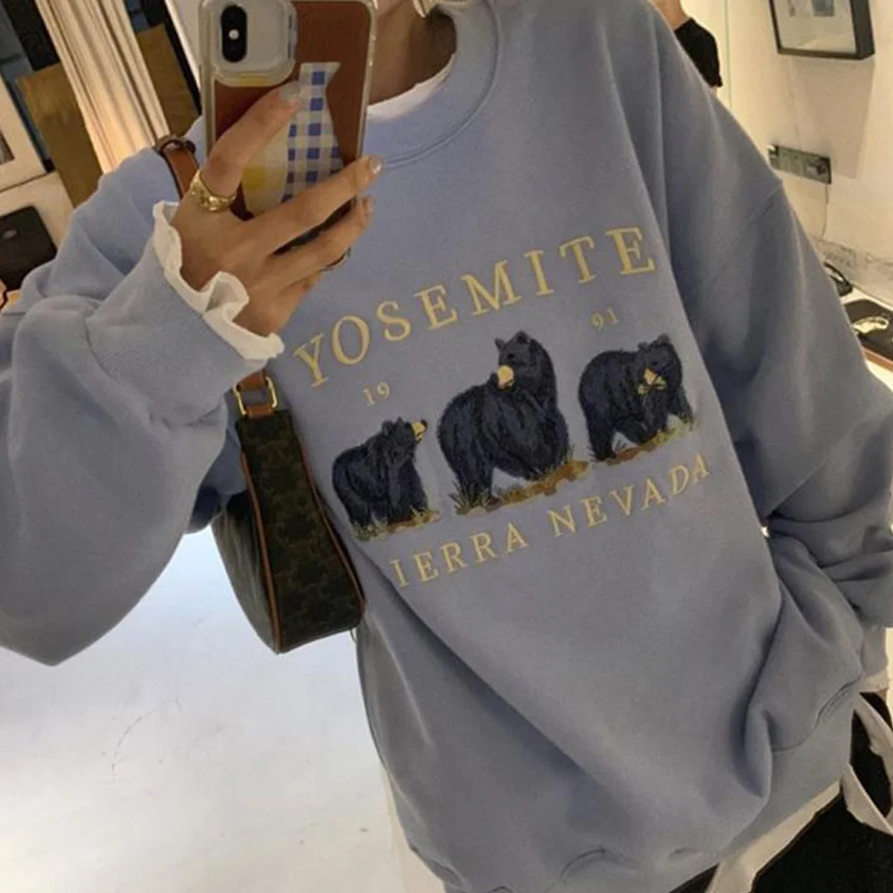 

Vintage Bear Embroidery Sweatshirts Women 2021 Harajuku Streetwear Casual Long Sleeve Tops Oversized Fashion Hoodie Korean Girls