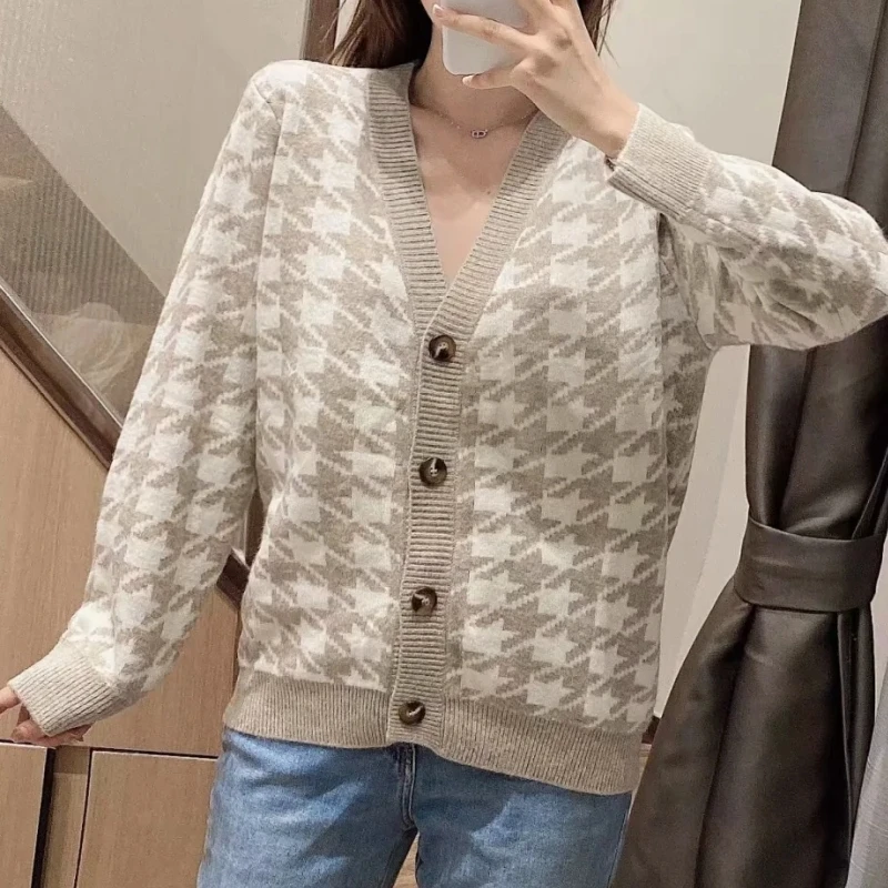

Spring Women Houndstooth Knitting Sweater Casual Female V Neck Long Sleeve Pullover Fashion Lady Loose Tops