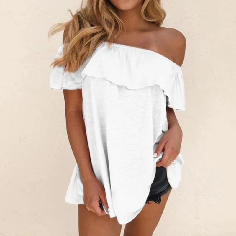 

Summer New One-Shoulder Lotus Leaf T-Shirt Loose Solid Color Casual Short-Sleeved Slim Women'S Diagonal Collar Off-Shoulder Top