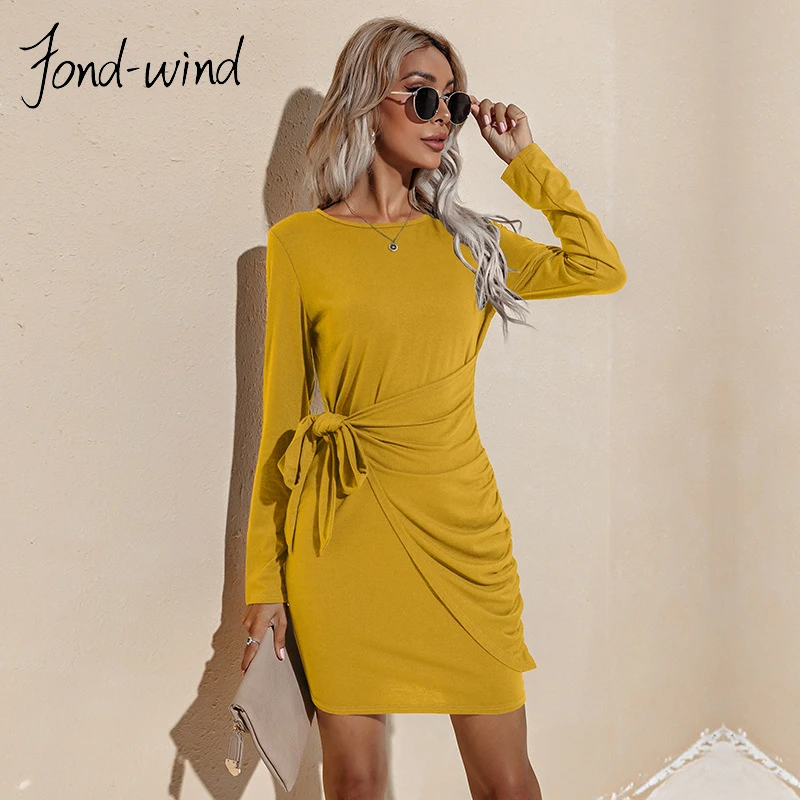 

Fond-wind Autumn Winter Basic Dress Woman Long Sleeve Elegant O Neck Female Pop Bodycon Tight Bandage Casual Slim Streetwear