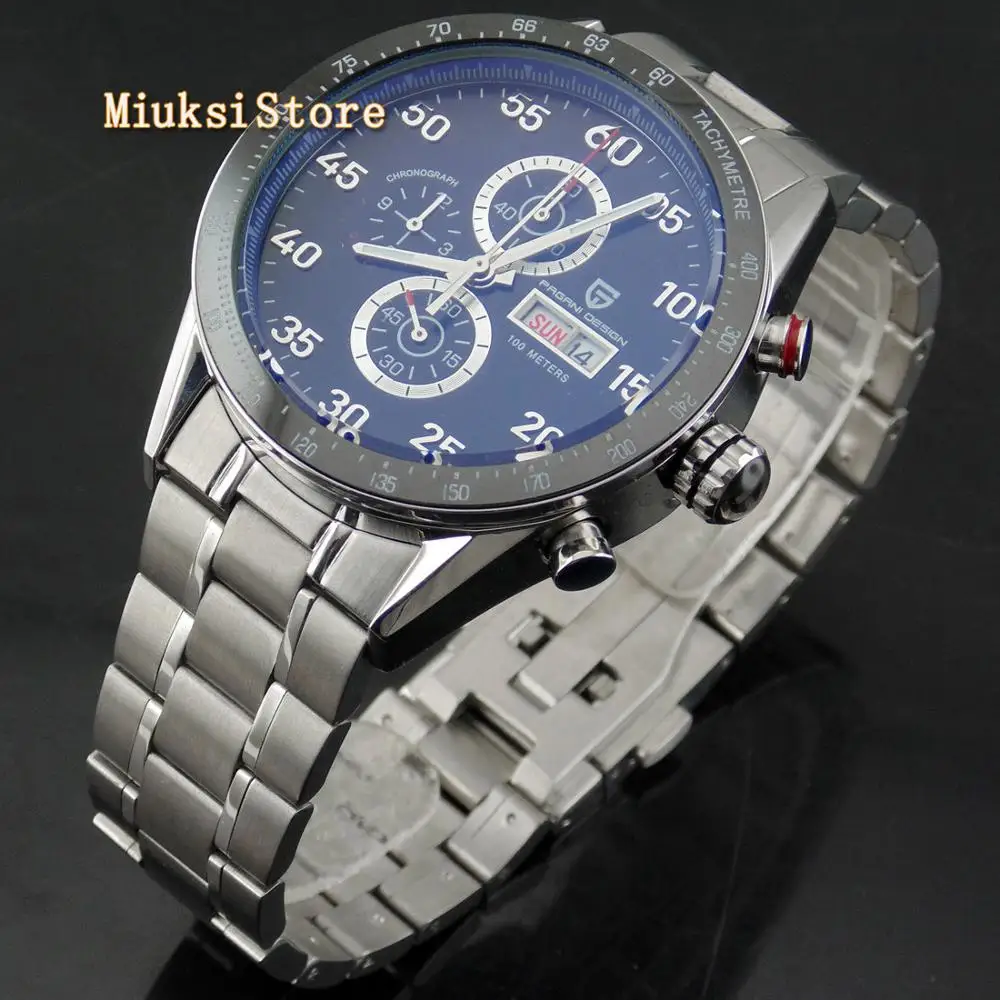 Pagani design 42mm mens top watch silver case black dial multifunction quartz chronograph tachymeter |