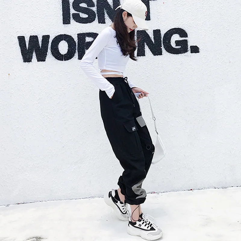 Осень Высокая талия женские брюки-карго ленты свободные уличная лоскутное джоггеры Для женщин Карманный хиппи брюки на молнии