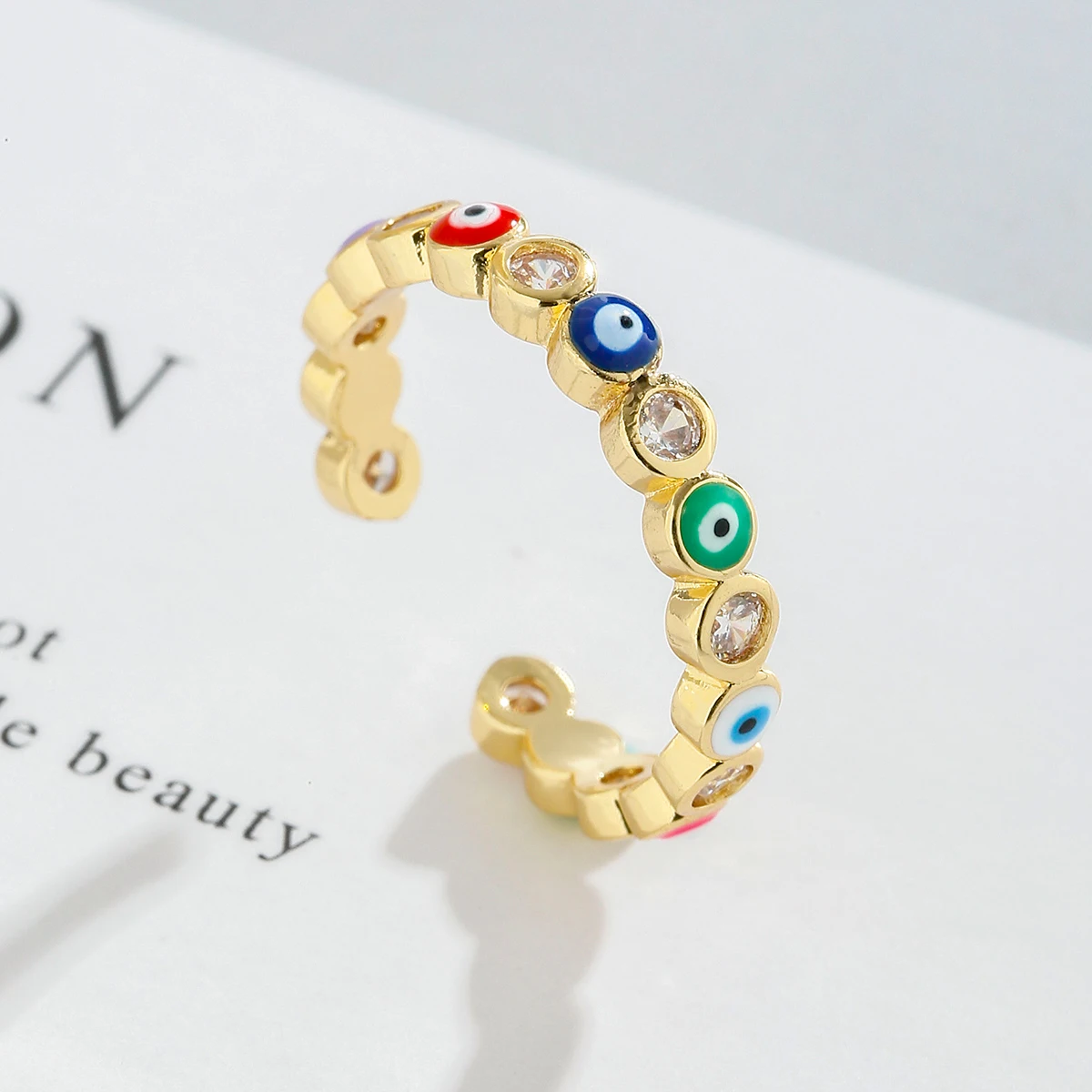 

Turkish Evil Eye Eternity Ring Cute Lovely Enamel Rainbow Woman Gold Filled Jewelry Open Ring