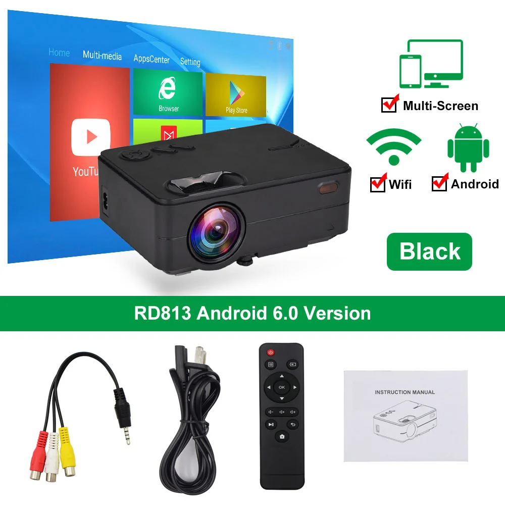 Android Black Rigal мини-проектор RD813 2000 люмен светодиодный WiFi многоэкранный проектор 3D проектор Поддержка HD 1080P портативный домашний ТВ кинотеатр - Цвет: Android Black