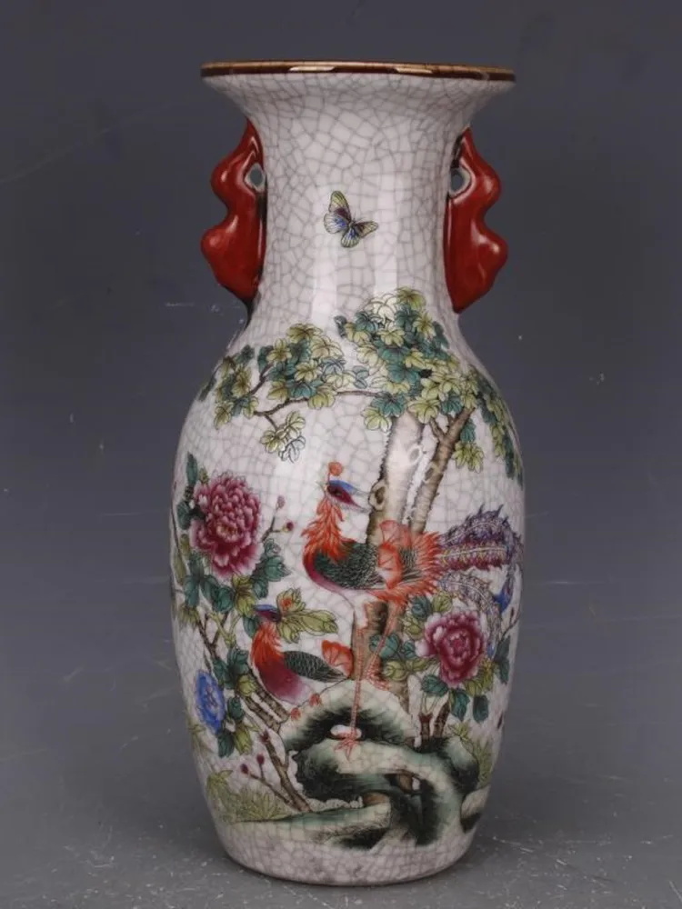 

"rare China Porcelain Qing Qianlong Famille Rose Caragana Lines Binaural Vase Desk Decoration Home Decor Collection Ornaments