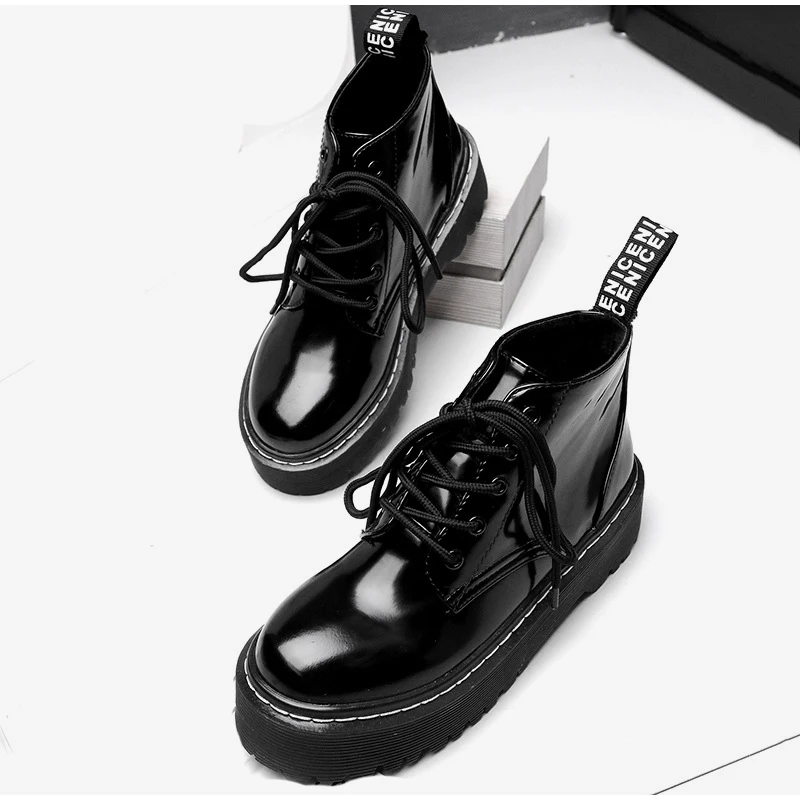 Women's Flat Platform Ankle Boots Autumn Patent Leather Boot Black Lace Up Creepers Shoes Fashion Party Footwear Drop Shipping