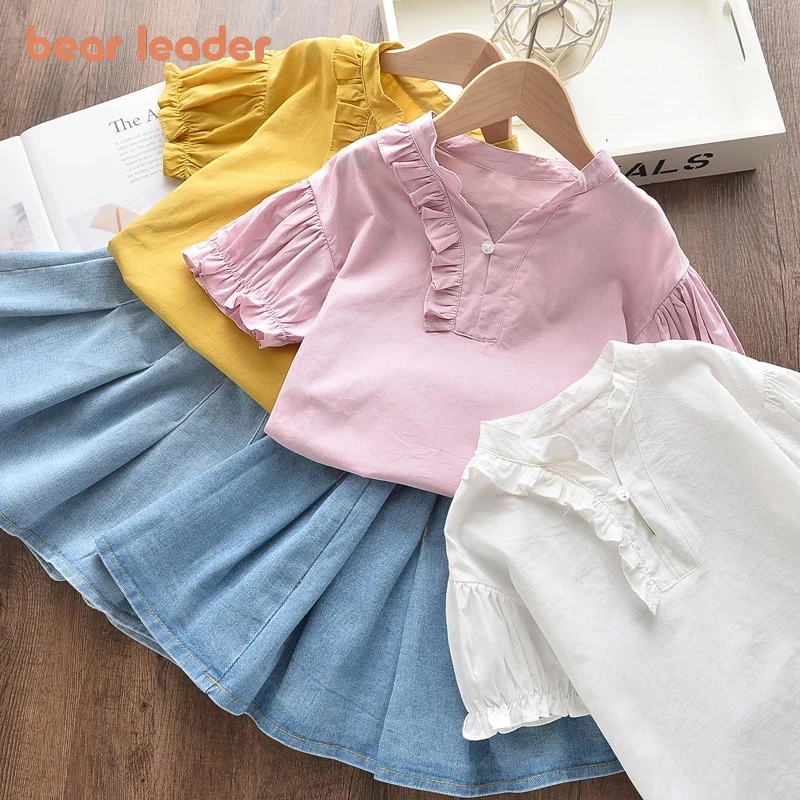 

Bear Leader/комплекты одежды для девочек; Летняя однотонная Повседневная футболка с короткими рукавами и оборками + штаны; Коллекция 2022 года; Ком...