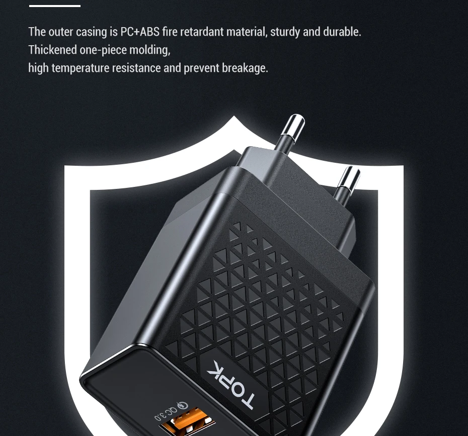 TOPK Quick Charge 3,0, зарядное устройство для мобильного телефона, 18 Вт, быстрое USB зарядное устройство, штепсельная вилка европейского стандарта, настенное USB зарядное устройство, адаптер для iPhone, samsung, Xiaomi, LG