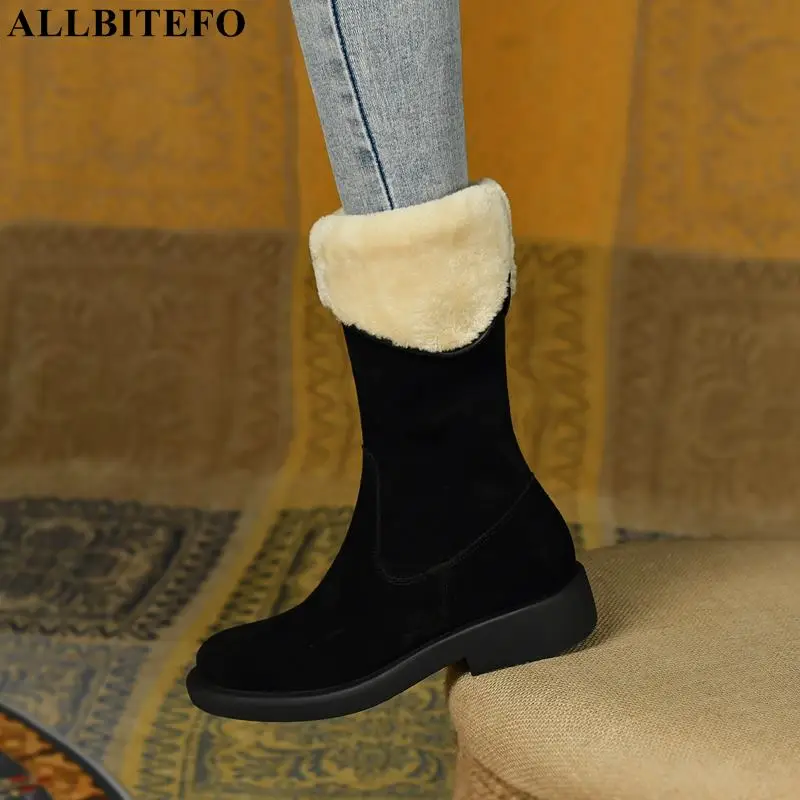 

ALLBITEFO Size 34-40 Thick Plush Inside Cold Winter Keep Warm Snow Boots Fashion Suede Genuine Leather Outdoor Women Boots Shoes
