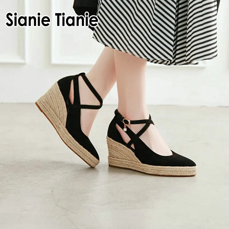 

Sianie Tianie 2020 summer pointed toe cross strap woman gladiator platform high heels wedges sandals shoes for women size 33-41