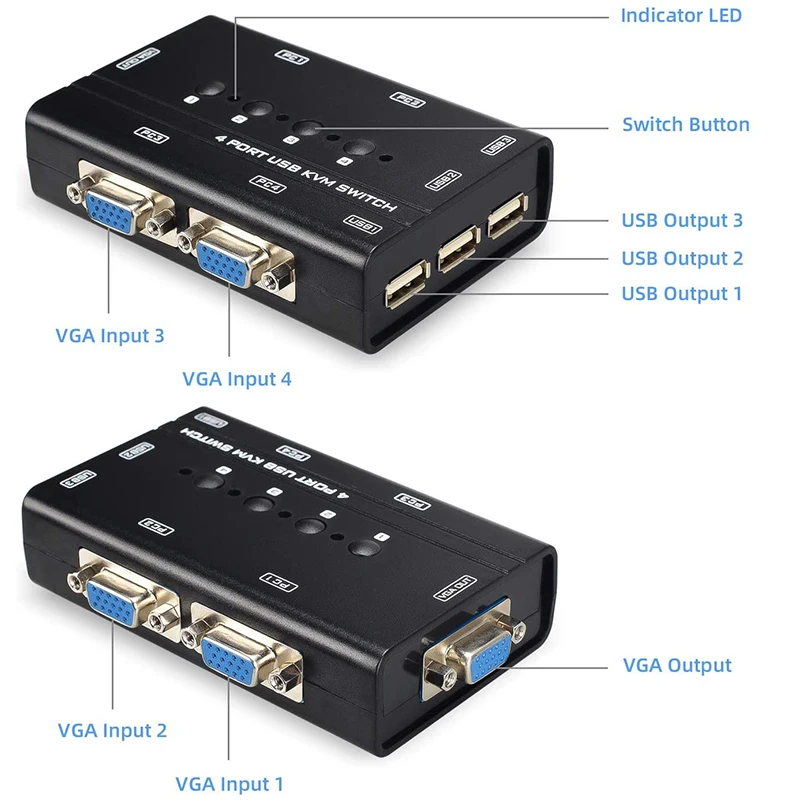 USB VGA KVM переключатель с 4 кабелями, 4 порта Переключатель для 4PC обмена один видео монитор и 3 USB устройства от AliExpress WW