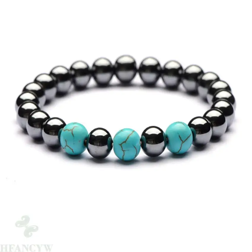 

8mm Turquoise Hematite Gemstone Mala Bracelet 7.5inches Wrist Fancy Lucky Gift Bless Cuff Bead Handmade Charm Unisex Meditation