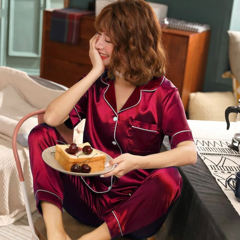 Pajamas Women Satin Pajamas Set 2019 Spring Summer Short Sleeves Long Pants Ladies Silk Pajamas Men Sleepwear Nightwear Set