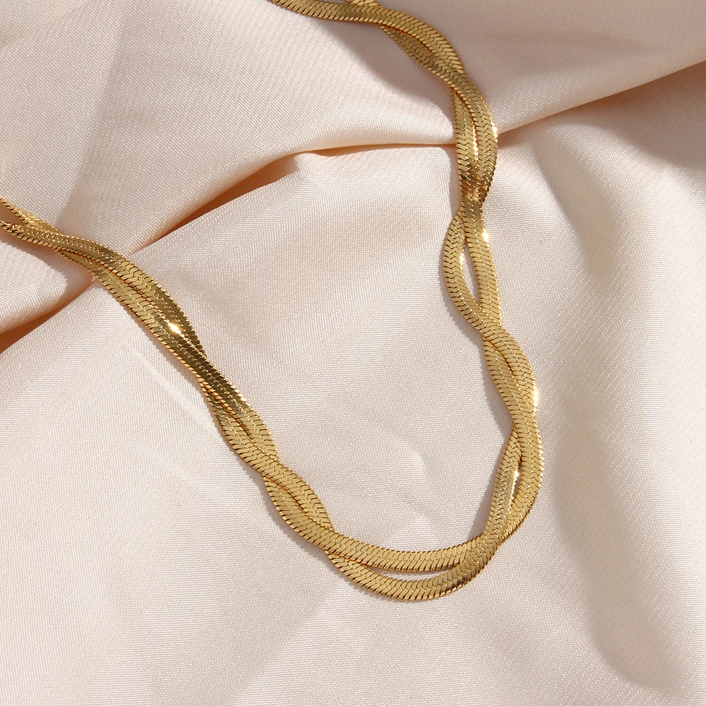 2022 18K Gold Plated Waterproof Braided New Herringbone Chain Necklace Bracelets Set Wholesale Stainless Steel Jewelry For Women