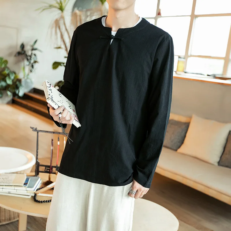 Men Sweatshirts Cotton Linen Chinese Traditional Long Sleeve Shirt Casual Jogger Taichi Meditation Kungfu Yoga Shirt Activewear