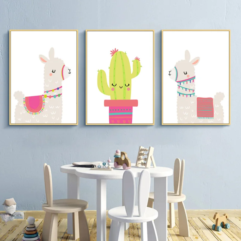 Llama Alpaca Print Nursery Wall Art Canvas Painting Cactus Nordic Posters and Prints Cartoon Pictures for Kids Room Decor | Дом и сад