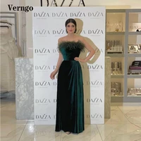 verngo dark green velvet feathers evening dresses strapless a line women formal prom gowns simple celebrity dress