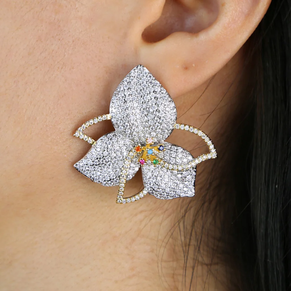 

Элегантный Лист цветы Радуга разноцветный кубический цирконий паве женщины помолвка Вечеринка юбилей платье Серьга-пружина