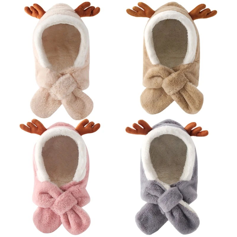 

Cute Antlers Ear Protection Plush Scarf Integrated Warmth Plus Velvet Hat New
