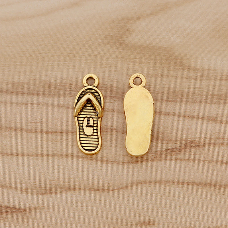 

50 Pieces Antique Gold Tone Slipper Flip Flops Charms Pendants Beads for Jewellery Making Findings 21x8mm