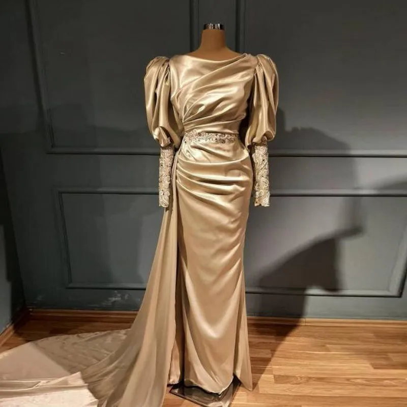 

Saudi Arabia Gold Evening Gowns Puffy Long Sleeves Lace Appliques Sheath Prom Dresses Sweep Train Women Party Robe De Soiree