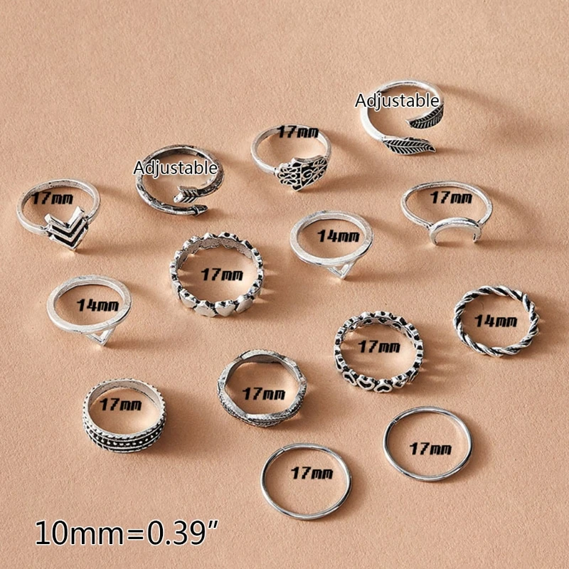 

14 PcsVintage Alloy Moon Leaf Love Arrow Wave Finger Rings Set Knuckle Ring Gift K3KC