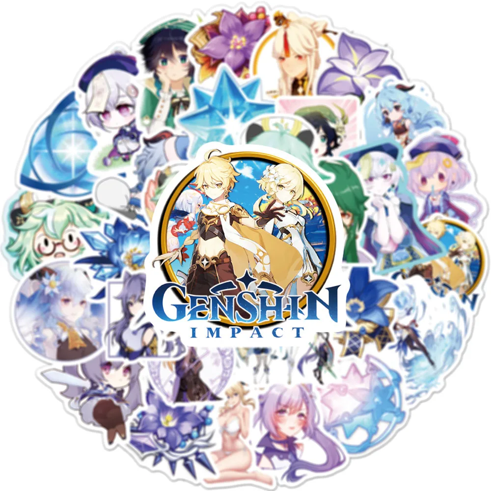 Genshin-calcoman&iacute;as de Anime de mundo abierto para ni&ntilde;os, calcoman&iacute;as de juego de Anime de impacto de 10/30/50 uds, impermeables, para ordenador port&aacute;til, tel&eacute;fono, motocicleta, monopat&iacute;n-1