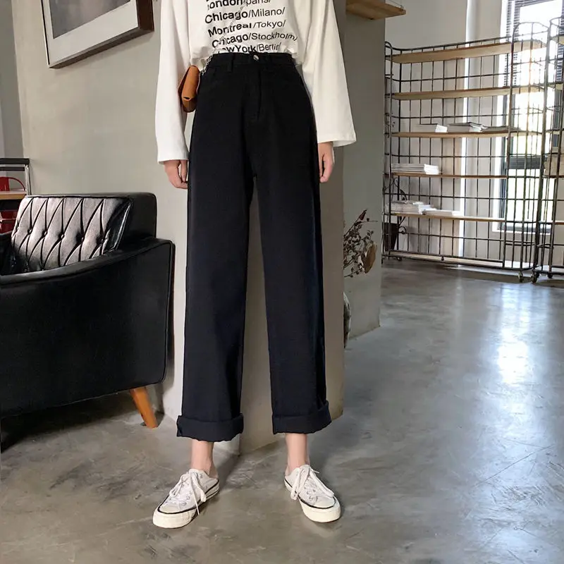

Spring and autumn Korean version loose high waist small elegant trousers floor trousers white wide leg jeans student trousers