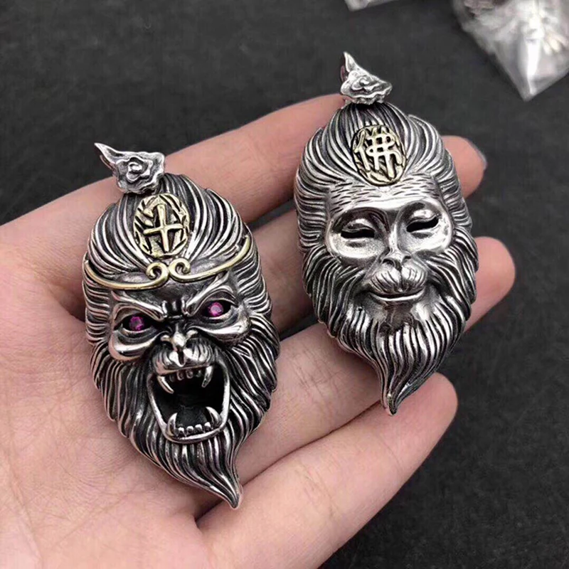 Real 925 Sterling Silver Pendant Thai Retro Personality Domineering Battle Wins Buddha Sun Wukong men's Jewelry | Украшения и