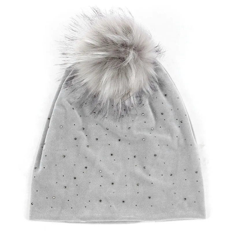 Light gray19 Женские зимние Бархатные шапочки с помпон из искуственного меха, женские эластичные мешковатые теплые шапки с ушками, мешковатая шапка со стразами - Цвет: Light gray19