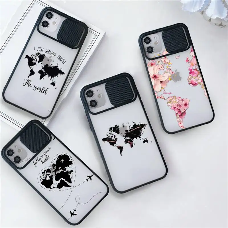 

World Map Travel Phone Case For iPhone 7 8 11 12 X XS XR MINI Pro Max Plus Slide Camera Lens Protection