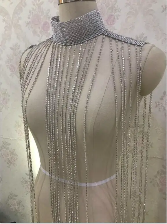 

Wide Fringed Choker Necklace Women Multi-layers Silver Alloy Rhinestone Tassel Necklace Jewelry Ladies Wedding Party Body Chain