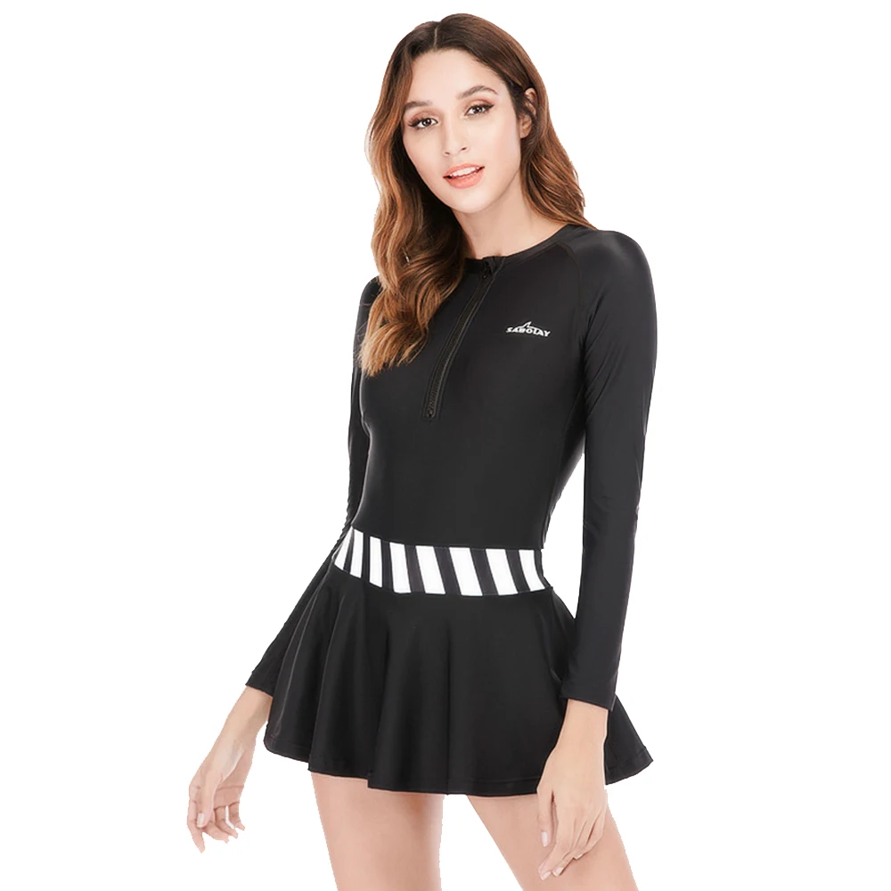 

2021 Ladies Long Sleeve Rash Protection UV Protection Front Zipper One Piece Swimsuit Surf Swimsuit Skirt Swimsuit