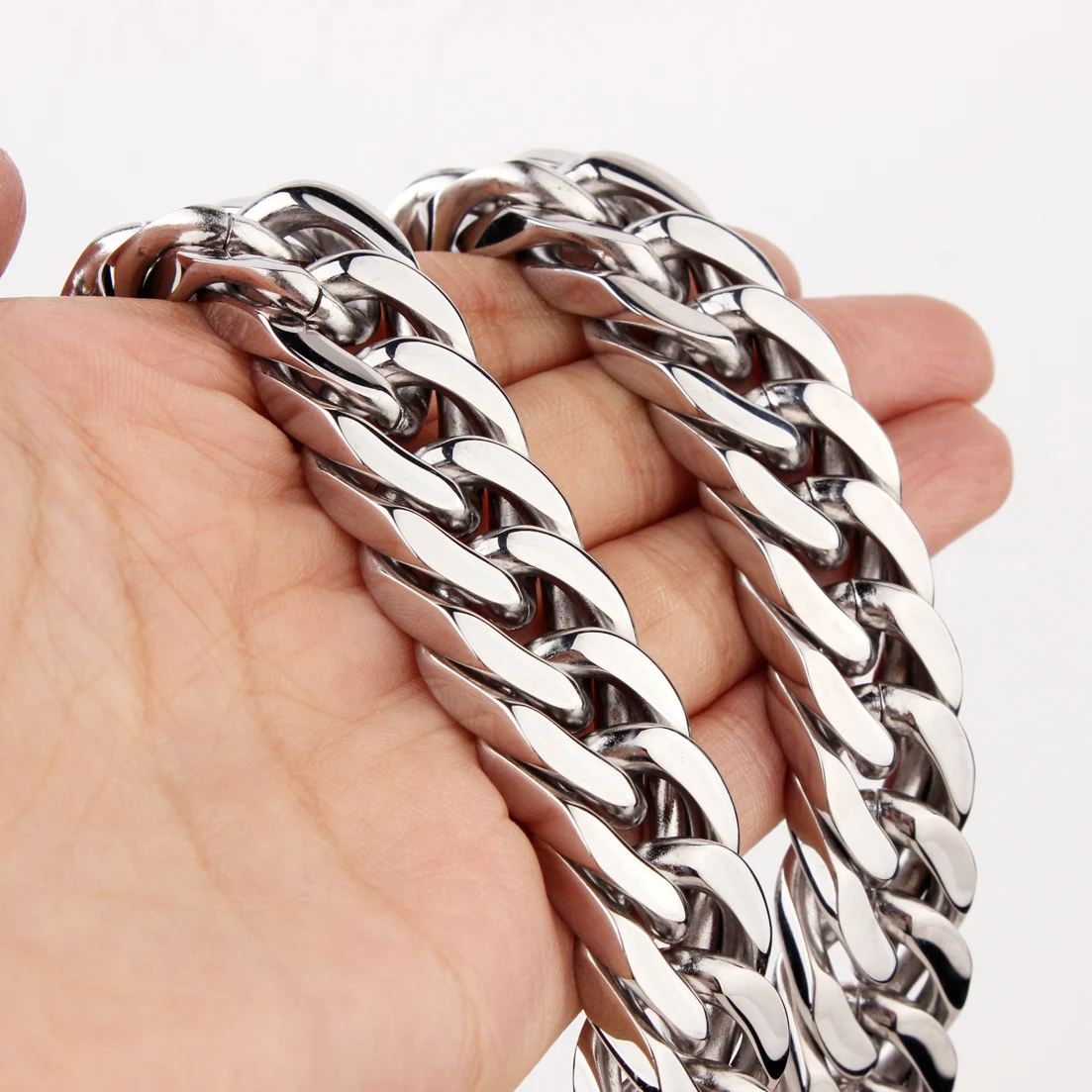 

7"-40" High Polished 19MM Huge 316L Stainless Steel Silver Color Cuban Curb Double Link Chain Men's Necklace or Bracelet