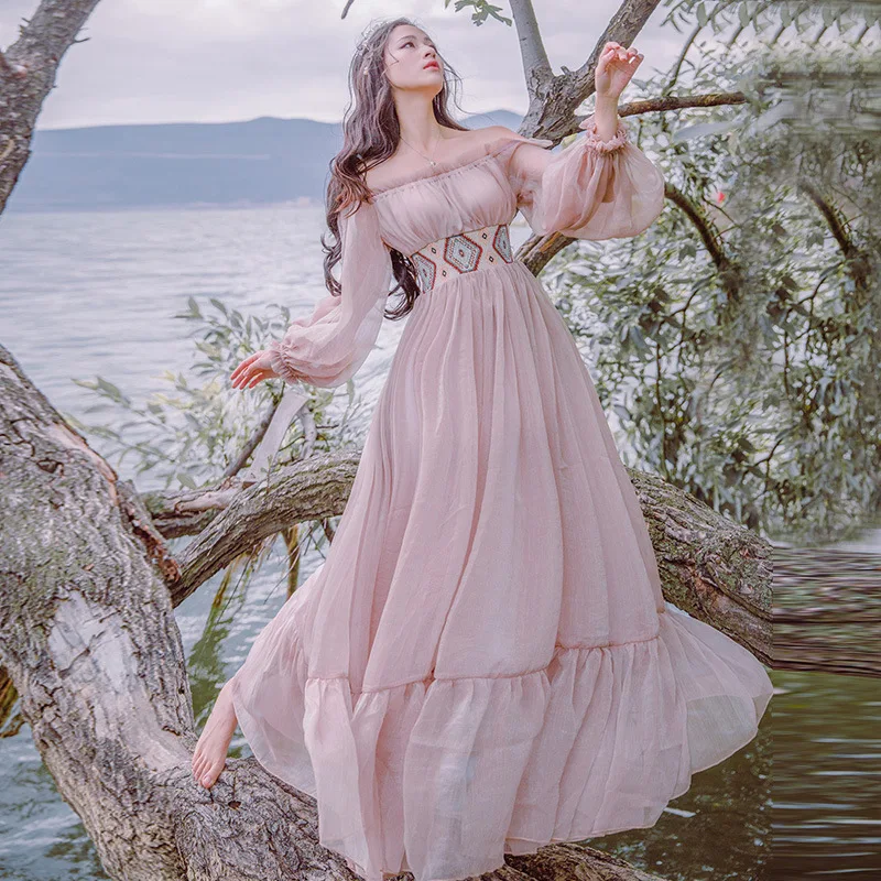 

Women Medieval Dress Strapless Vintage Style Renaissance Dress Floor Length Retro Long Dress Gown