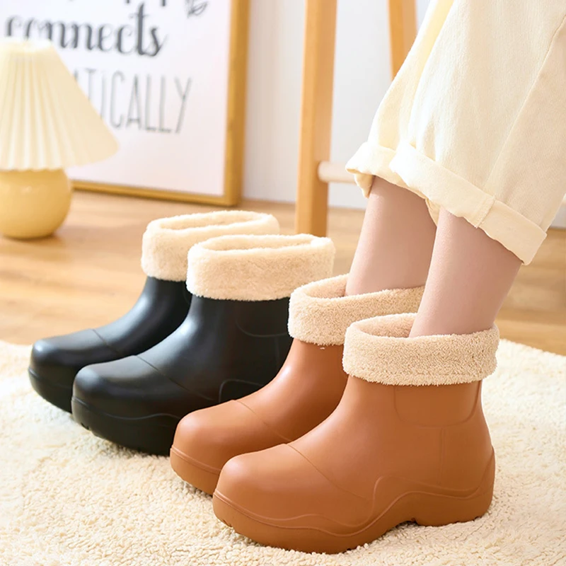 Women's Winter Waterproof Rain Boots Plus Velvet Thick-Soled Warm Home Cotton Shoes Garden Vegetable Garden Waterproof Slippers