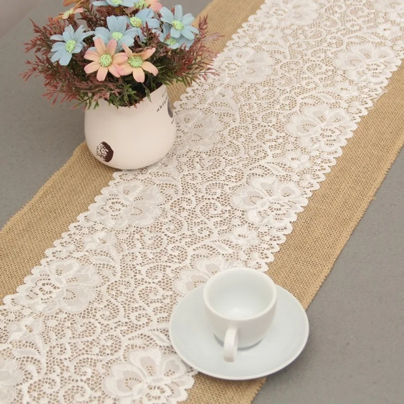 

30*180CM Burlap Lace Table Runner with Lace Rustic Natural Jute Table Decoration for Home Party Wedding Christmas Table Decor